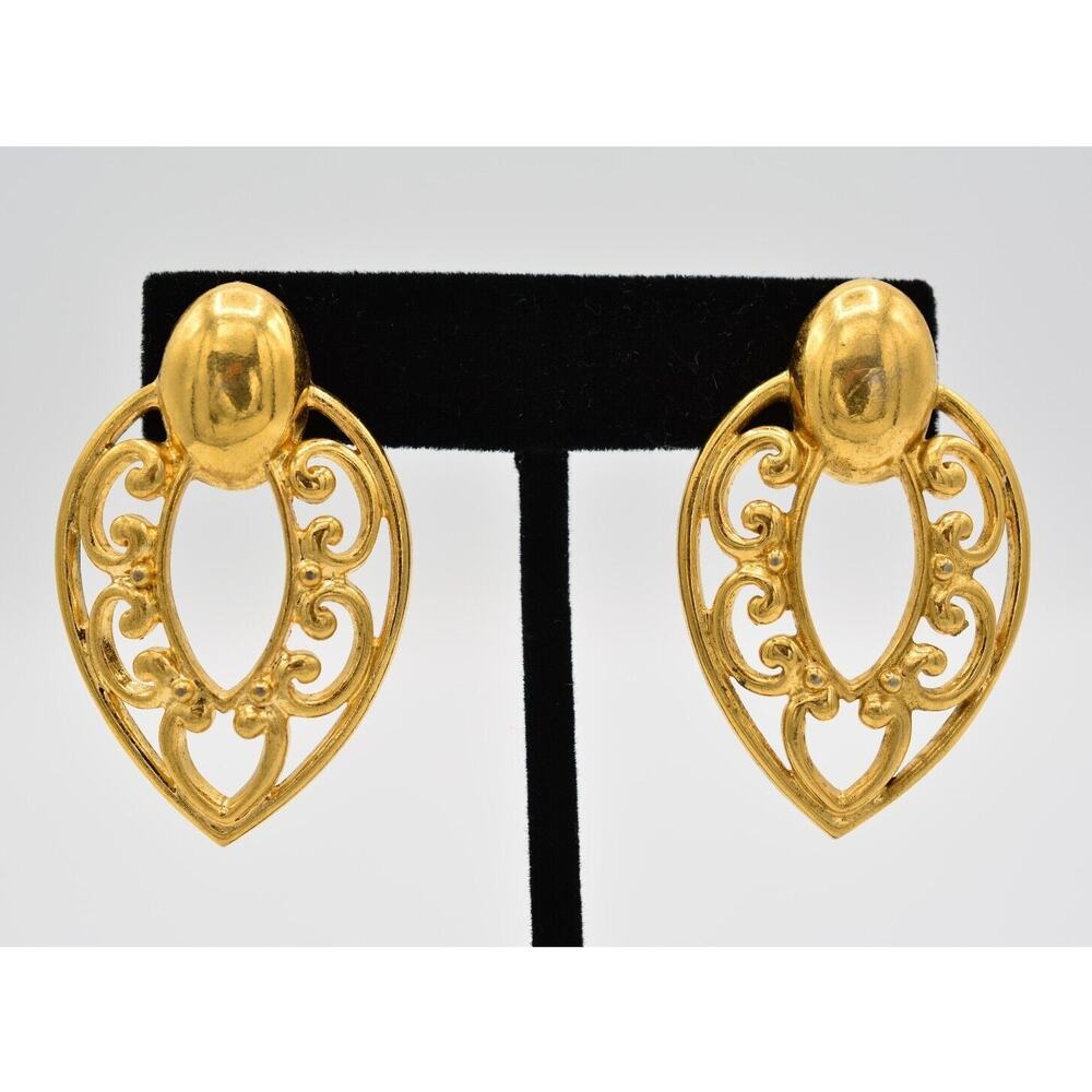 Vintage Retro Post Dangle Earrings Gold Tone Filigree Drop Chunky 1980s Bin1